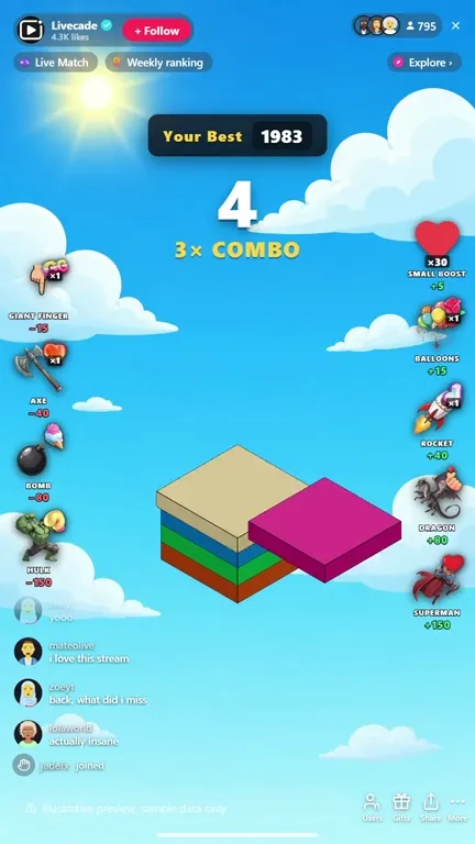 Tower Stack, a Livecade game, running on a TikTok LIVE stream